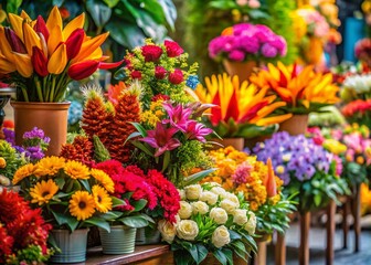 Vibrant Tropical Flower Arrangement on Colorful Summer Display Stand