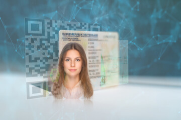 Biometric technology digital face scanning form of a new, modern german ID card, triangles and particle style design