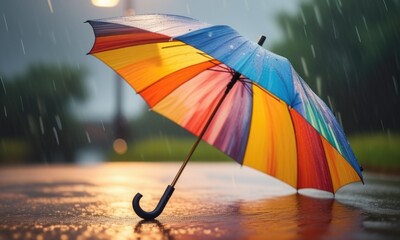 Bright multicolored umbrella on rainy street captures vibrant contrast and moody atmosphere