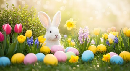 Obraz premium A white bunny surrounded by colorful Easter eggs in a sunny garden with tulips and hyacinths, creating a joyful Easter scene for photography or design.