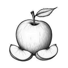 Apple Sketch with Slices, Black & White, transparent background.