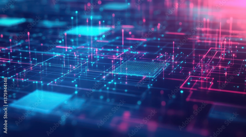 Poster Intricate computer circuit board illuminated with soft pink and blue lights against a stylish background design