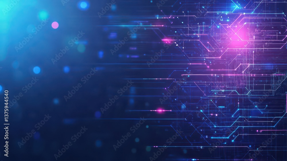 Poster circuit board illuminated with blue and pink lights representing modern technology and aesthetic des