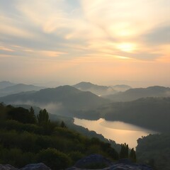 Tranquil Dawn Over Rolling Hills and River