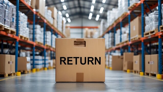 Cardboard box marked return in product warehouse
