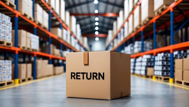 Cardboard box marked return in product warehouse