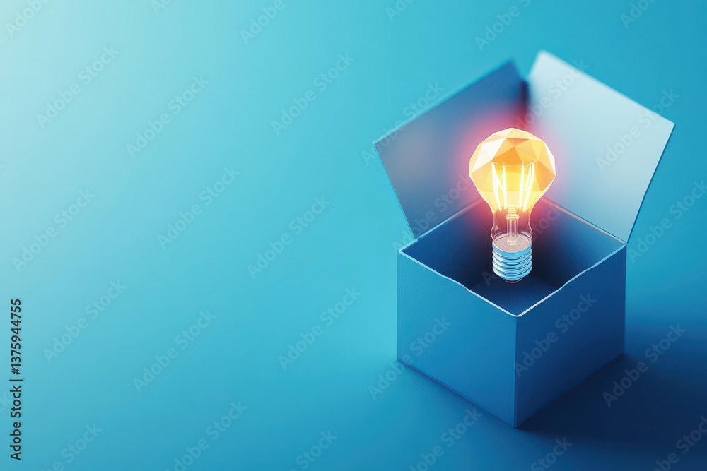 Poster Illuminating light bulb placed inside a cardboard box symbolizing ideas and creativity in a unique presentation style