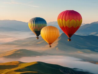 Fototapeta premium Colorful hot air balloons soaring over misty mountains at sunrise.