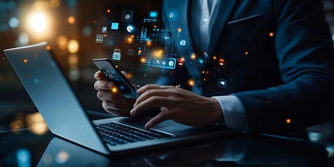 Hands Holding Phone and Typing on Laptop with Digital Interface Overlay