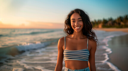 A young teenage girl enjoys the beach at sunset, with the sea and waves in the background. She is wearing summer clothes and the warm sunlight illuminates the scene, creating a relaxed. 