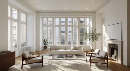 Parisian living room, modern minimalist interior, city view, sunlight streaming in