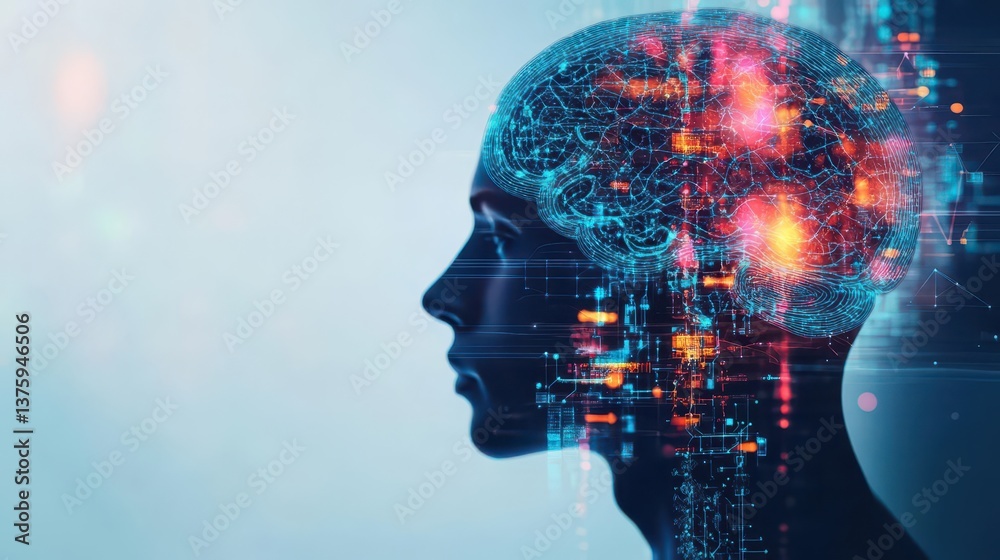 Poster Human head with intricate circuitry and connected lines symbolizing the intersection of technology and neuroscience
