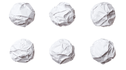 Six crumpled paper balls on a dark background, cut out transparent