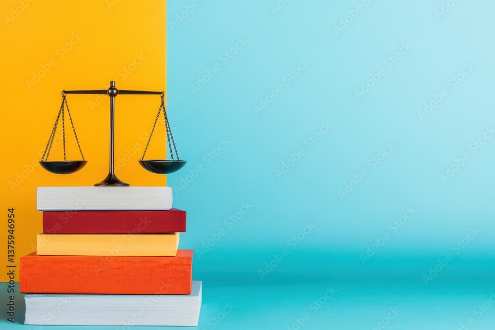 Poster Balance scale surrounded by an array of colorful books representing knowledge and education in a learning environment