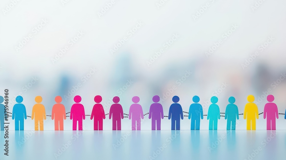 Poster group of people standing in a line outdoors reflecting unity and diversity in a natural setting