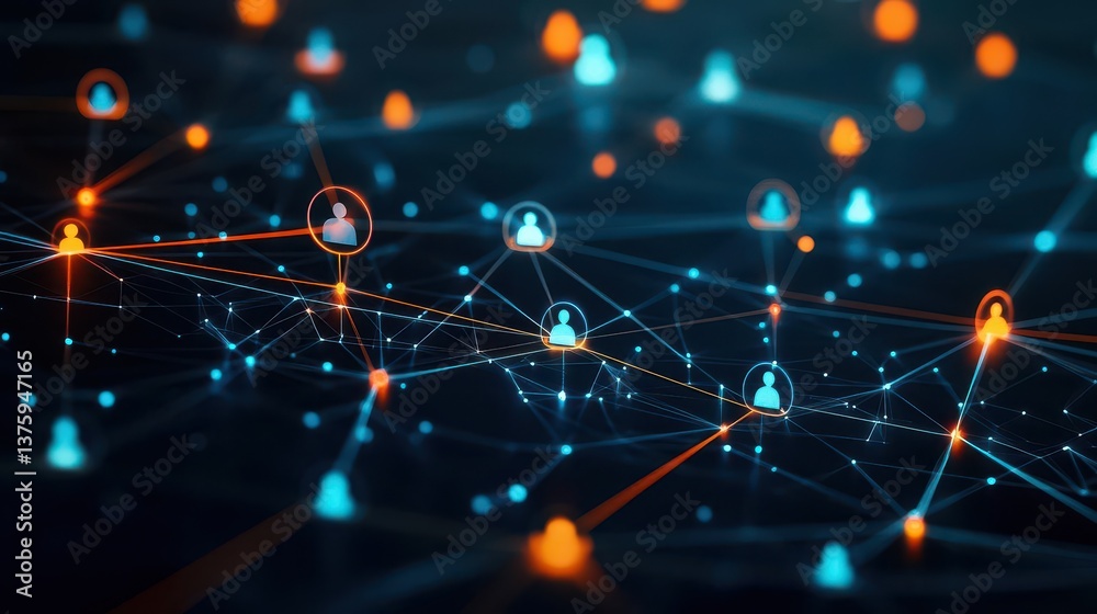 Poster abstract network of interconnected orange and blue dots representing modern technology and digital c