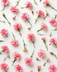 Pattern of delicate pink carnation flowers on white background. Minimal floral composition. Spring awakening concept.
