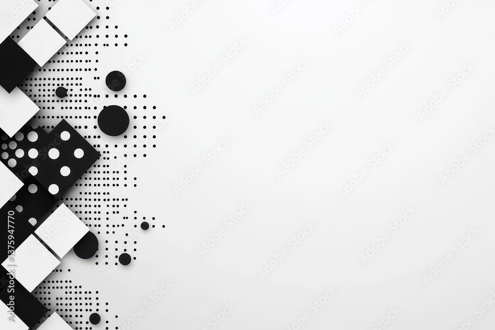 Poster a minimalist white background featuring black and white geometric shapes creating a clean and modern