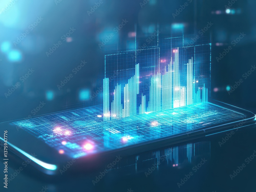 Poster A smartphone displaying a blue and white graphic representation of a bar chart illustrating data insights and trends
