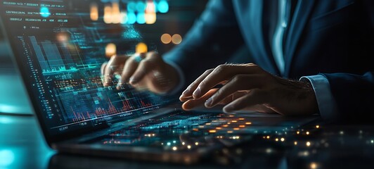 Hands Type on Laptop with Tech Data Visualization Overlay and Bokeh Lights Effect