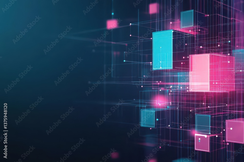 Poster creative arrangement of pink and blue cubes forming a unique geometric design on a minimalistic back