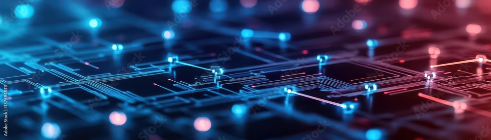 Poster A circuit board displaying striking blue and red lights to emphasize the complexity of modern technological designs