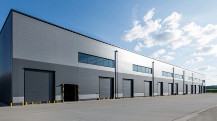 Fototapeta premium Modern warehouse exterior with large windows and a clear blue sky.