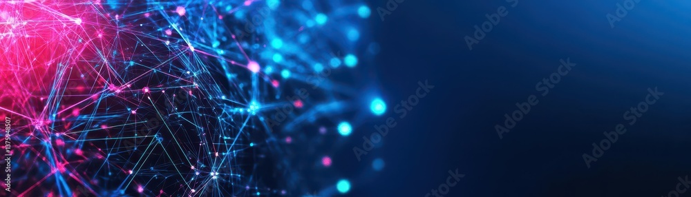 Poster A dynamic red and blue network visualizing complex connections in a modern technological infrastructure environment