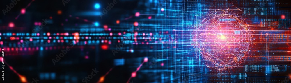 Poster a vibrant digital circuit featuring striking red and blue lights illuminating the intricate design o