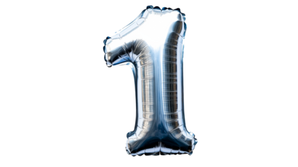 Silver Number One Balloon on Black Background, cut out transparent