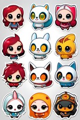 Fototapeta premium Cartoonish characters with large eyes and sticker outlines.