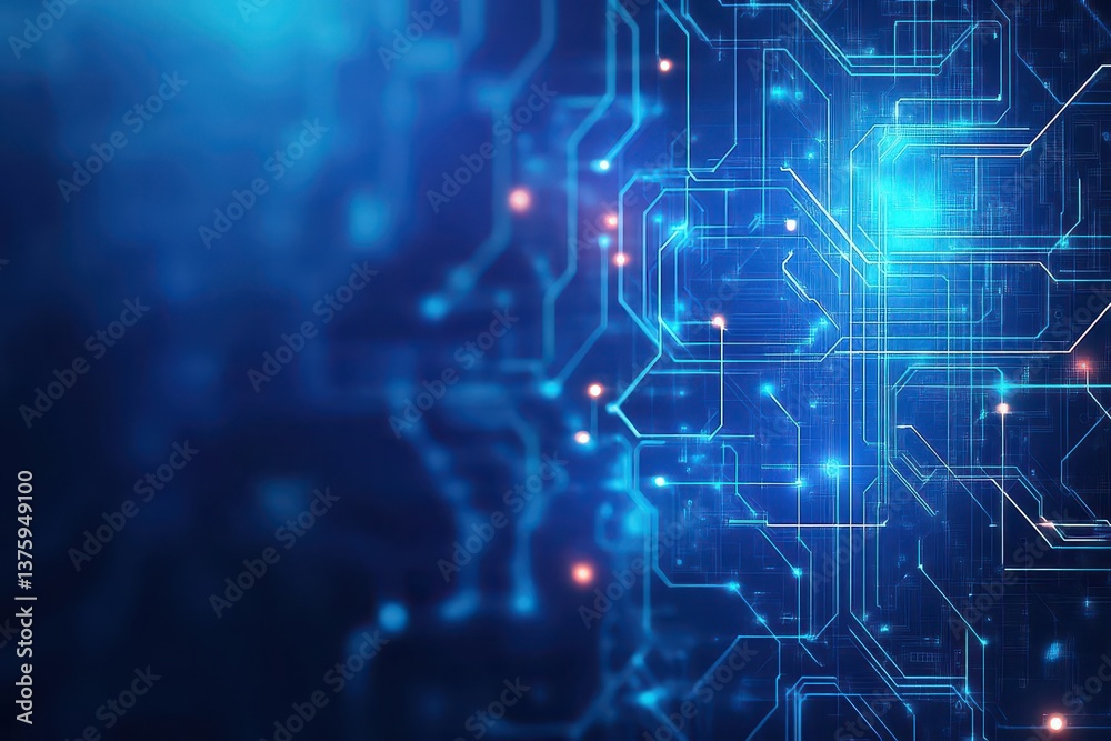 Poster circuit board with a blue and black background featuring intricate electronic components highlightin