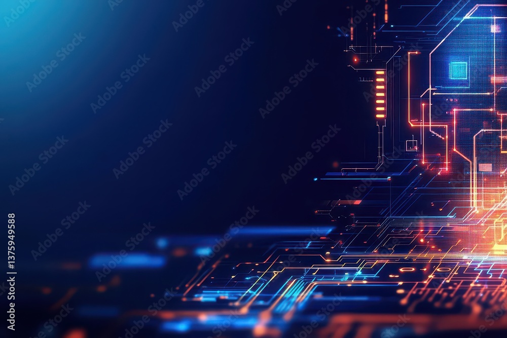 Poster creative circuit design on a bright blue and orange background highlighting modern technology and ab
