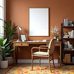 Fototapeta premium Creative composition of workplace interior with mock up poster frame, wooden desk, rattan chair, black rack, patterned rug, plant, brown wall, books and personal accessories.
