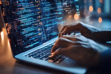 Hands Typing on Laptop Keyboard with Digital Code Overlay and Data Streams