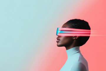 Woman wearing futuristic virtual reality headset experiencing metaverse technology