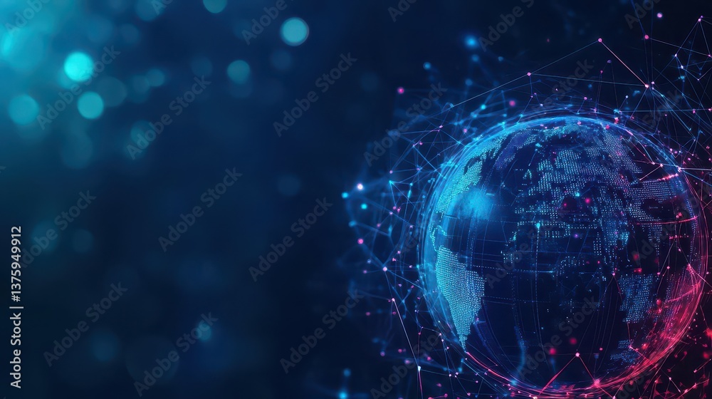 Poster Globe surrounded by a complex network of interconnected lines and dots representing global connectivity and technology