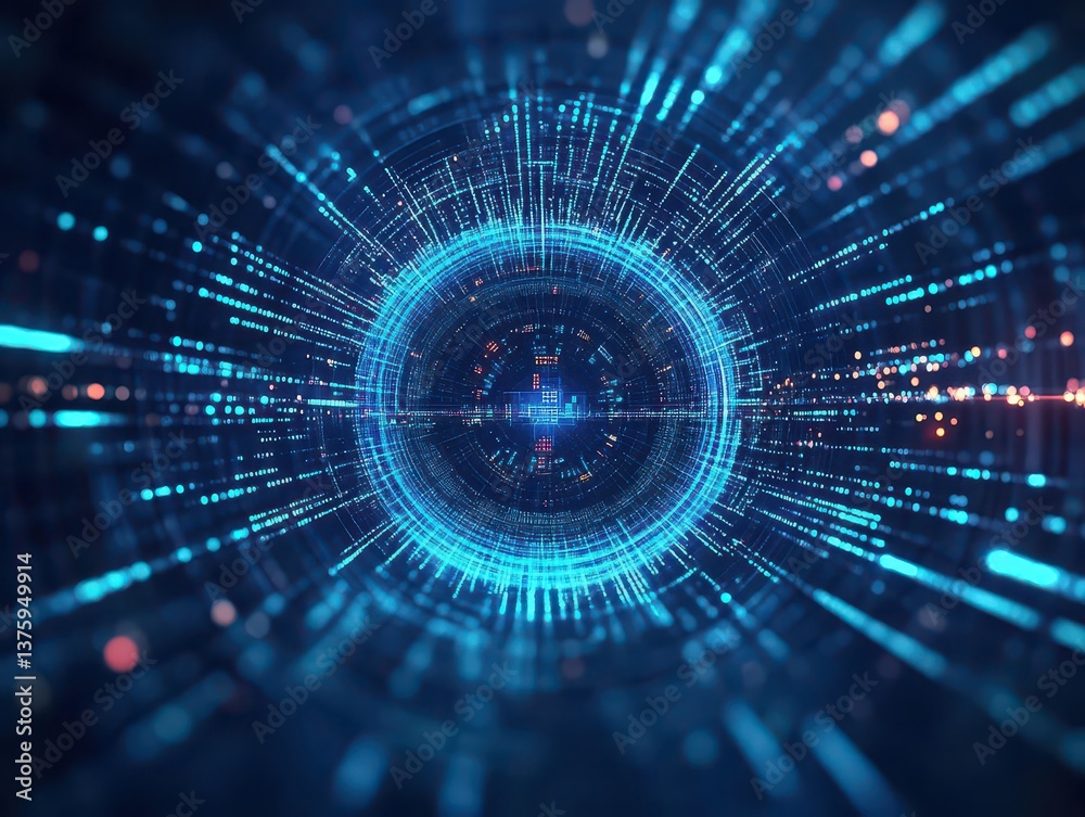 Poster A vivid blue and black tunnel with dynamic light trails creating a sense of depth and motion in a futuristic environment
