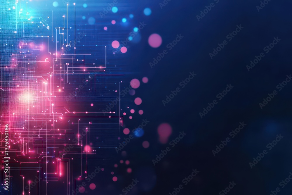 Poster Intricate circuit design featuring a blue and red background highlighting modern technology and electronic connectivity