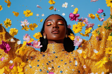Model wearing sparkling golden dress posing with falling colorful flowers and petals