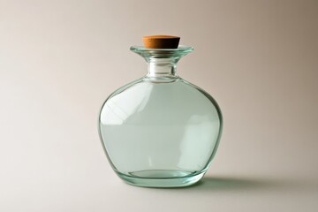 A clear glass bottle with a cork stopper is visible