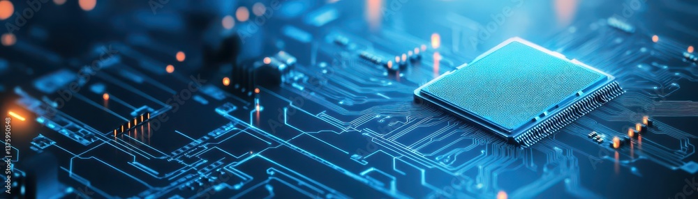 Poster High-resolution image of a cpu chip placed on a circuit board showcasing complex integrations and electrical pathways