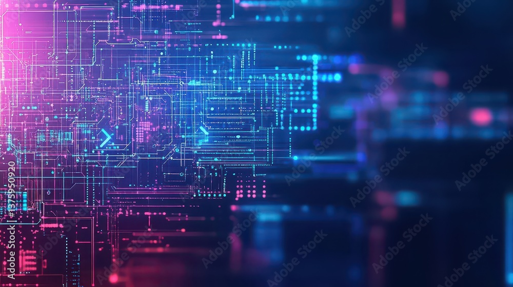 Poster Circuit board design with a red and blue background highlighting the intricate connections and modern electronics