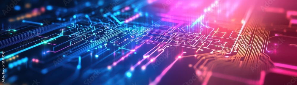 Poster Brightly illuminated circuit board with a strong light source highlighting the intricate electronic components and patterns