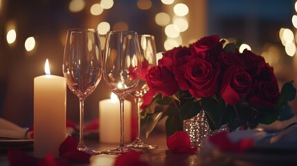 Obraz premium Romantic dinner table setting includes roses candles and glasses