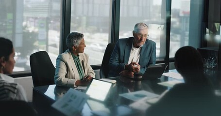 CEO talking, team and business people with laptop for financial results, banking data and planning. Group, cooperation and manager in office for investment meeting, profit analysis and revenue charts - Powered by Adobe