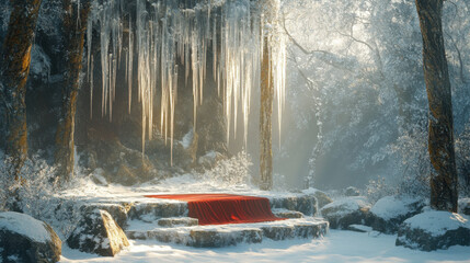 A podium surrounded by a blanket of snow, with icicles hanging from nearby rocks and trees