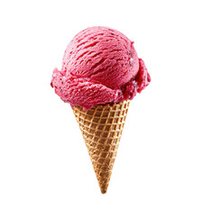 Raspberry ice cream scoop on cone with transparent background for food packaging or marketing design