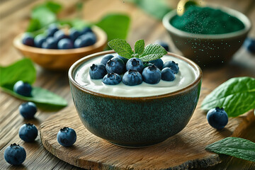 Healthy superfood scenes with chia, spirulina, and smoothies on wooden tables. Perfect for health brands. Ultra-realistic, 8k quality.