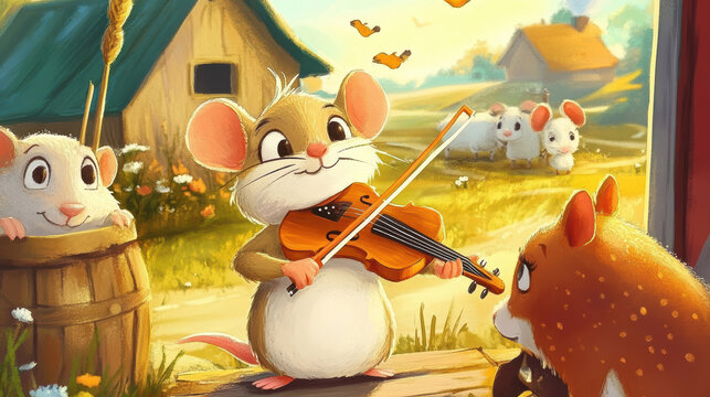 Whimsical mouse violinist outdoors with bystanders and barnyard scenery